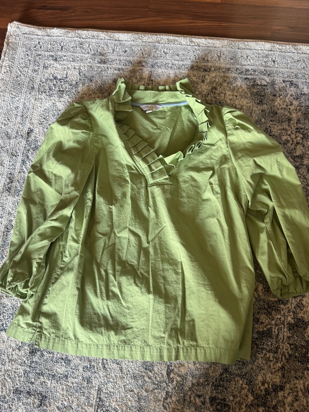 crown & ivy Light Green Ruffle V-Neck Blouse